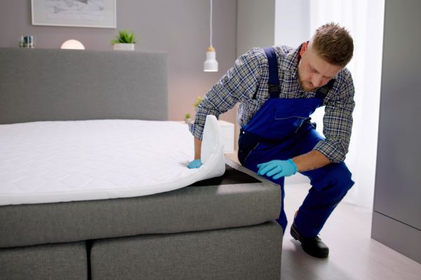 professionnel vérifiant présence de puces de lit sous le matelas